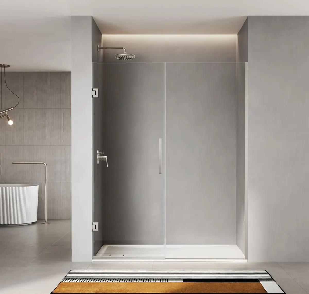Axis frameless pivot shower door in brushed nickel